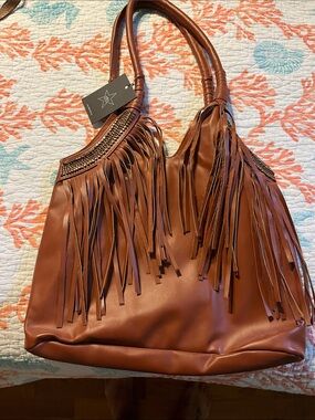 Boho Fringe Shoulder Tote in Cognac - Women's Shoulder Bag